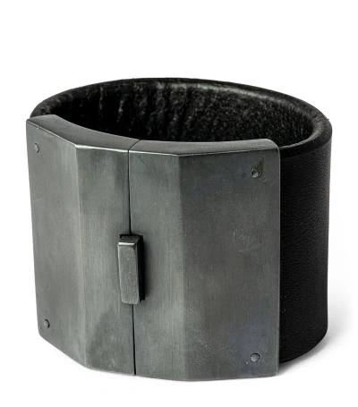Parts Of Four Leather And Oxydised Sterling Silver Box Lock Bracelet In Black