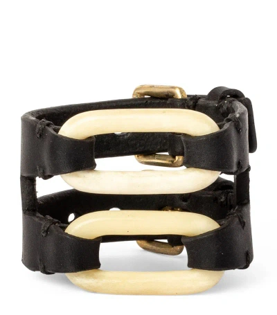 Parts Of Four Leather, Brass And Bone Link Gauntlet Bracelet In Black