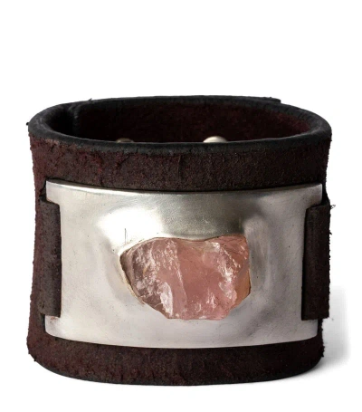 Parts Of Four Leather, Brass And Rose Quartz Amulet Cuff In Brown