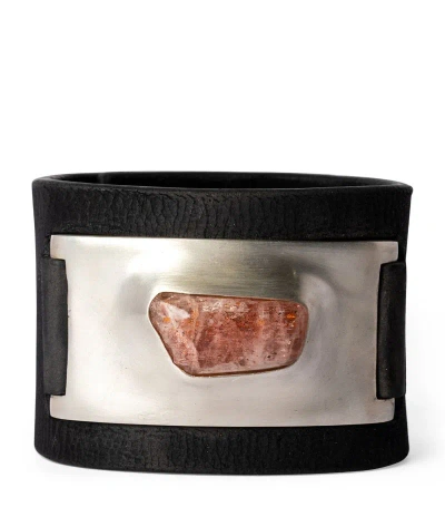 Parts Of Four Leather, Silver-plated Brass And Sunstone Amulet Cuff Bracelet In Black