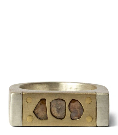 Parts Of Four Sterling Silver, Brass And Diamond Plate Ring