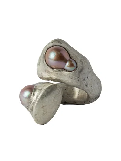 Parts Of Four Sterling Silver Giant Twisted Druid Baroque Pearl Ring In Neutral