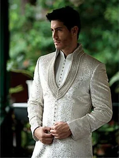Pre-owned Party Men's Wedding Bridesmaid Sherwani Traditional  Wear Formal Jacket Long Coat In As Shown On Pic