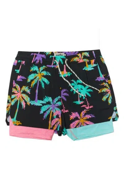 Party Pants Funky Palms Sport Swim Trunks In Black