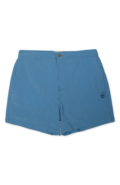 Party Pants Mullet Seersucker Striped Swim Trunks In Blue