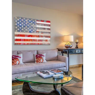 Parvez Taj 'american Dream' By  - Watercolor Painting Print Print On Wood In Blue;gray;red