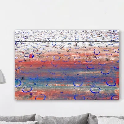 Parvez Taj 'blue Umbrella Rings' By  Painting Print On White Wood In Blue;white;red