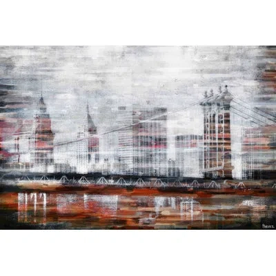 Parvez Taj 'brooklyn Bridge View' By  - Wrapped Canvas Graphic Art Print In Brown;gray;red