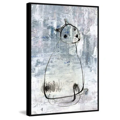 Parvez Taj 'cat Outline' - Floater Frame Drawing Print On Canvas In Blue;gray