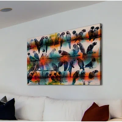 Parvez Taj 'chatty Birds' By  - Wrapped Cavas Watercolor Painting Print On Canvas In Blue;gray;orange
