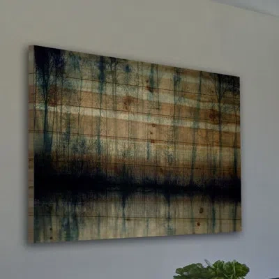 Parvez Taj 'dark Misty Reflection' By  Painting Print On Natural Pine Wood In Blue;black
