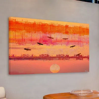 Parvez Taj 'ducks Fly Together' Print On Wrapped Canvas In Orange