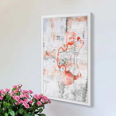 Parvez Taj 'flamingo Reflection' - Picture Frame Painting Print On Paper In Gray;orange
