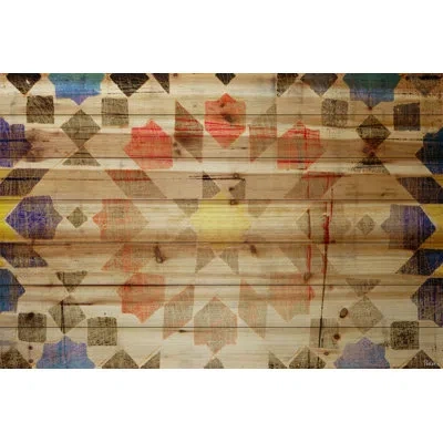 Parvez Taj 'geometric Bloom' By  Painting Print On Natural Pine Wood In Blue;red;beige