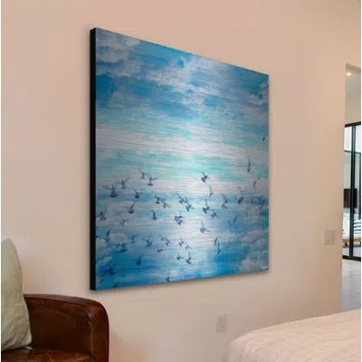 Parvez Taj 'meadow Flock' By  Painting Print On Brushed Aluminum In Blue;gray