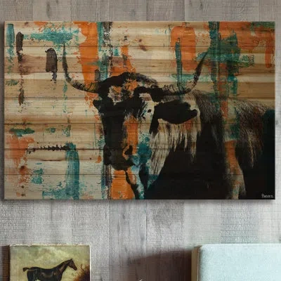 Parvez Taj Orange Teal Steer By  - Painting Print On Wood In Black;brown
