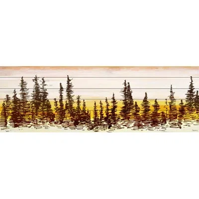 Parvez Taj 'pine Tree Sunset' By  Painting Print On White Wood In Brown;yellow