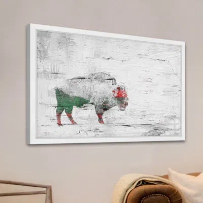 Parvez Taj 'snow Buffalo' - Picture Frame Painting Print On Paper In Green;gray;red