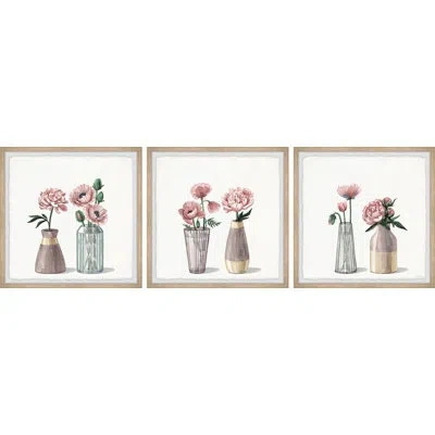 Parvez Taj Sunflower Collection - 3 Piece Picture Frame Painting Set In Pink,green,brown