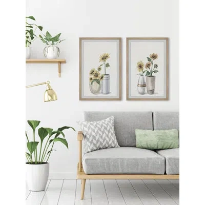 Parvez Taj Sunflower Joy - 2 Piece Picture Frame Painting Set In Yellow,green,gray