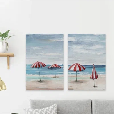 Parvez Taj Umbrella Sticks By  - 2 Piece Wrapped Canvas Painting In Blue,brown,white,red