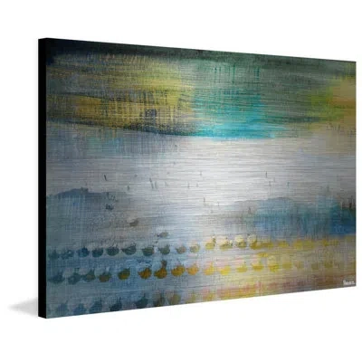 Parvez Taj 'under Umbrellas' By  Painting Print On Brushed Aluminum In Gray;gold;teal