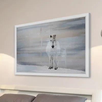 Parvez Taj 'white Horse Forward' - Picture Frame Painting Print On Paper In Blue;white;gray