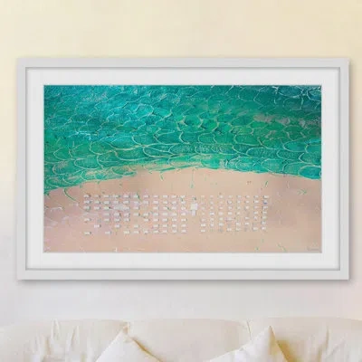 Parvez Taj 'white Umbrella Beach' By  Framed Print In Green;beige