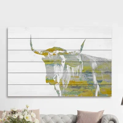 Parvez Taj 'yellow Steer' By  Painting Print On White Wood In Gray;yellow