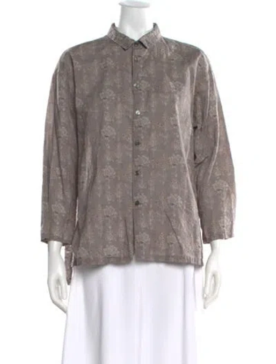 Pre-owned Pas De Calais Floral Print Three-quarter Sleeve Button-up Top In Gray