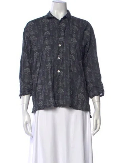 Pre-owned Pas De Calais Floral Print Three-quarter Sleeve Button-up Top In Grey