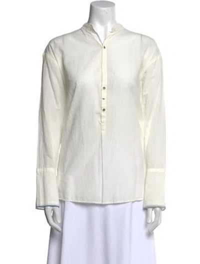 Pre-owned Pas De Calais Mock Neck Long Sleeve Button-up Top In Neutral