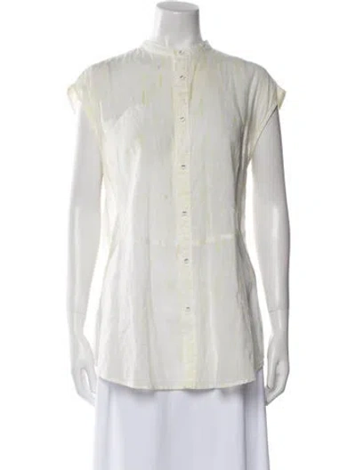 Pre-owned Pas De Calais Mock Neck Short Sleeve Button-up Top In White