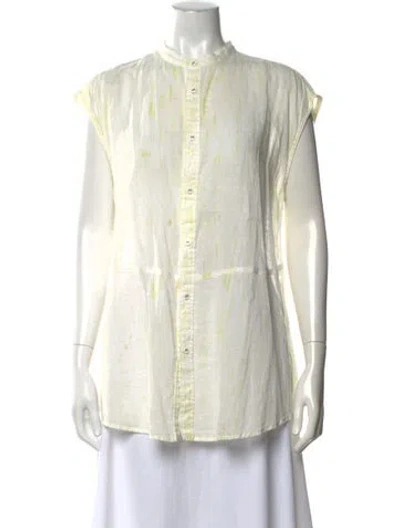 Pre-owned Pas De Calais Mock Neck Short Sleeve Button-up Top In White
