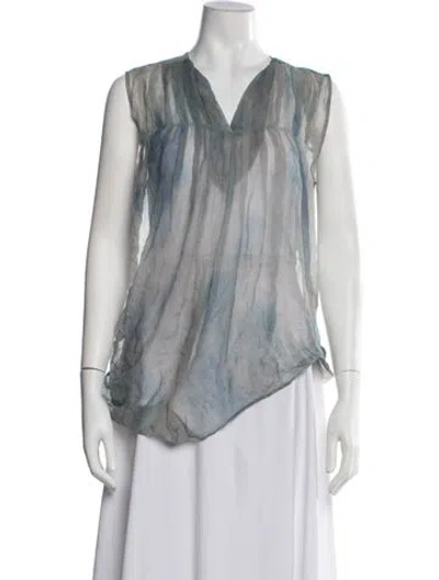 Pre-owned Pas De Calais Printed V-neck Top In Blue