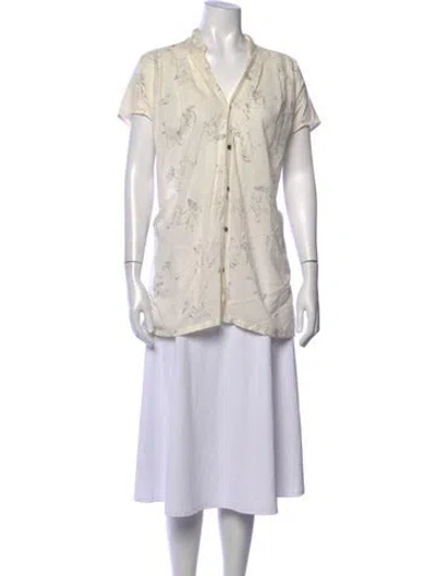 Pre-owned Pas De Calais Printed V-neck Top In White