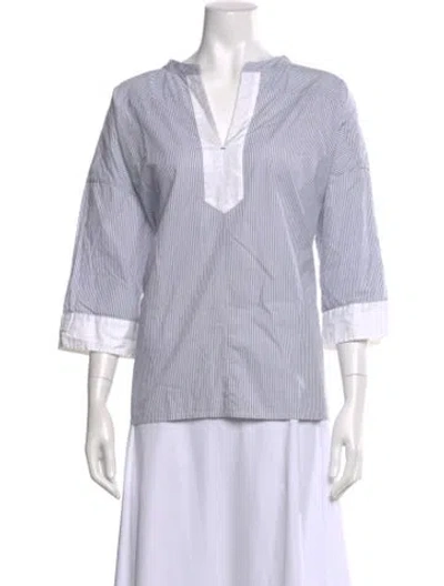 Pre-owned Pas De Calais Striped V-neck Top In Blue