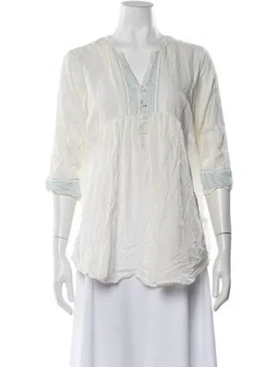 Pre-owned Pas De Calais Striped V-neck Top In White