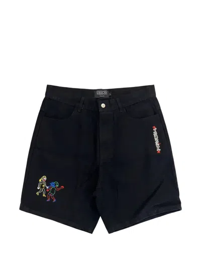 Pas De Mer Sbugnine Graphic-embroidered Denim Shorts In Black