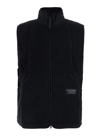 Pas Normal Studios Off-race Pile Fleece Vest With Tech Fabric And High Collar In Black