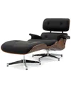 Pasargad Home Florence Black Leather Lounge Chair With Ottoman In Black
