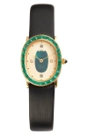 Pascal Oval Halo Lab Grown Diamond & Lab Grown Emerald Leather Strap Watch, 24mm X 30mm In Black