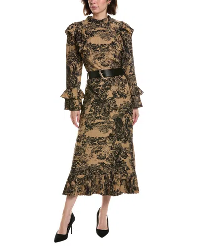 Pascale La Mode Tie Neck Bell Sleeve Midi Dress In Multicolor