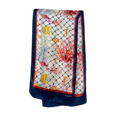Pashmisy Women's Blue / Red Floating Sealife Long Silk Scarf In Multi