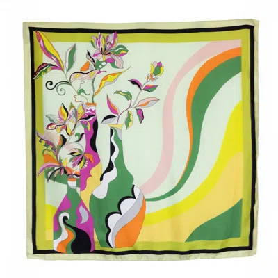 Pashmisy Women's Green / Neutrals / White Mint Serene Bloomy Flower Silk Scarf In Green/white