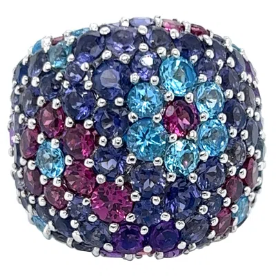 Pre-owned Pasquale Bruni 12.33ct Multicolor Gems 18k White Gold Large Dome Floral Ring
