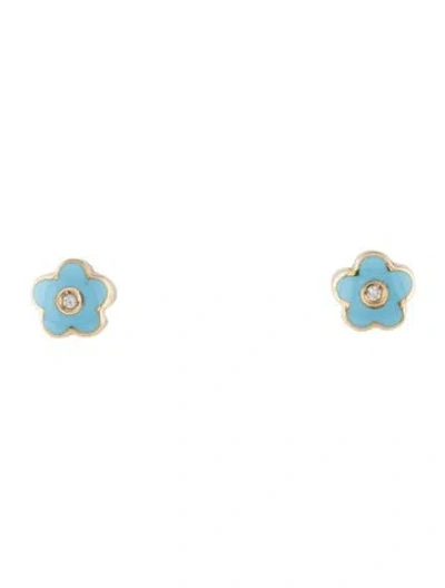 Pre-owned Pasquale Bruni 18k Diamond & Enamel Flower Stud Earrings In Blue