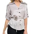 Pastel Design Liz Button-down Blouse With Rosette Sash In Silver In Silver