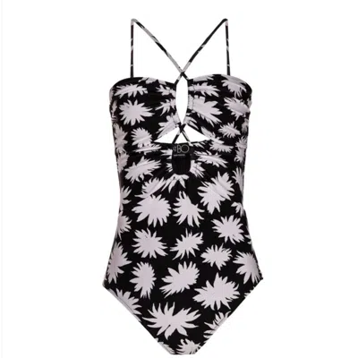 Pat Bo Women Black White Floral Dahlia Lace Up One-piece Swimsuit In Blue