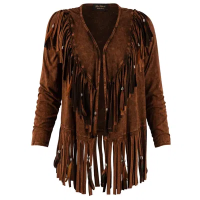 Pat Dahnke Women's Short V Back Fringed And Feathered Jacket In Brown